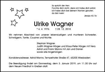 Traueranzeige von Ulrike Wagner von 560 Gießener Anzeiger