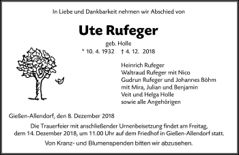 Traueranzeige von Ute Rufeger von 560 Gießener Anzeiger
