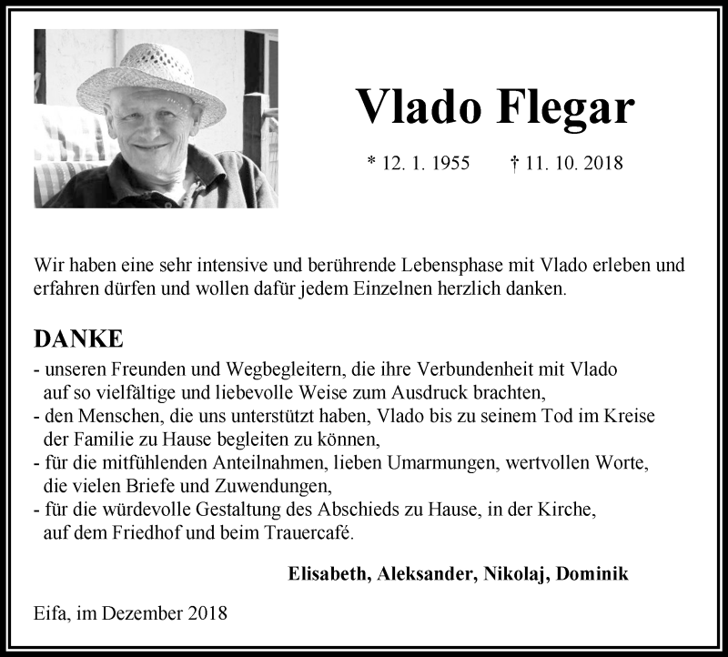  Traueranzeige für Vlado Flegar vom 08.12.2018 aus VRM Trauer