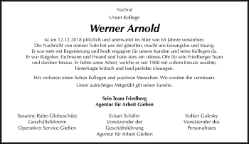 Traueranzeige von Werner Arnold von 561 Kreisanzeiger