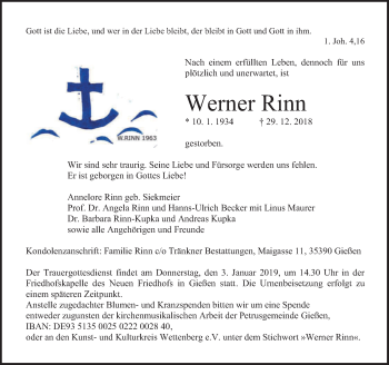 Traueranzeige von Werner Rinn von 560 Gießener Anzeiger