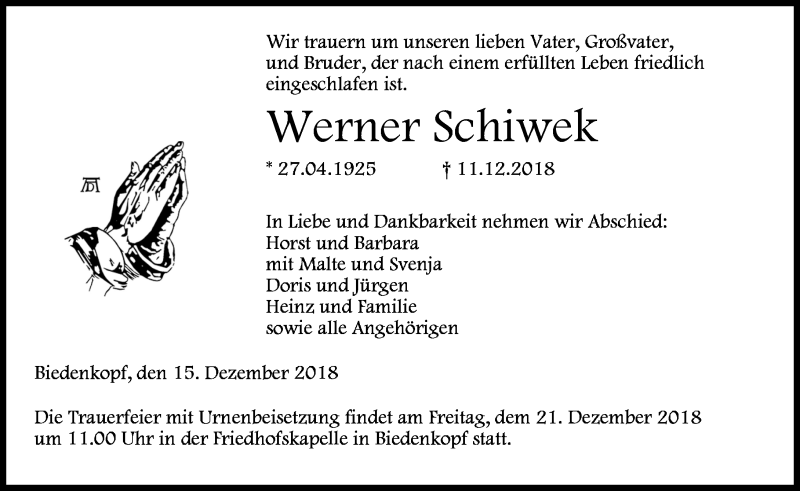  Traueranzeige für Werner Schiwek vom 15.12.2018 aus 205 HA - Hinterländer Anzeiger (130)