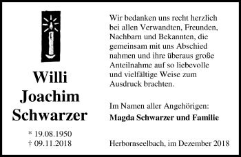 Traueranzeige von Willi Joachim Schwarzer von 202 Dill Block (120)