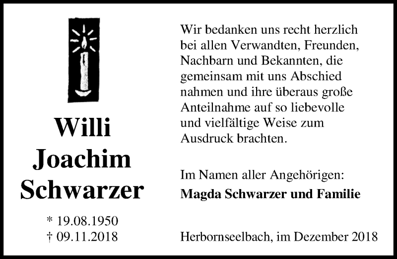  Traueranzeige für Willi Joachim Schwarzer vom 22.12.2018 aus 202 Dill Block (120)