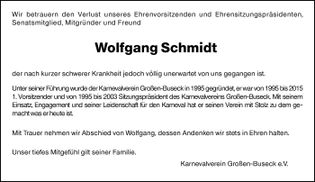Traueranzeige von Wolfgang Schmidt von 560 Gießener Anzeiger