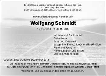 Traueranzeige von Wolfgang Schmidt von 560 Gießener Anzeiger