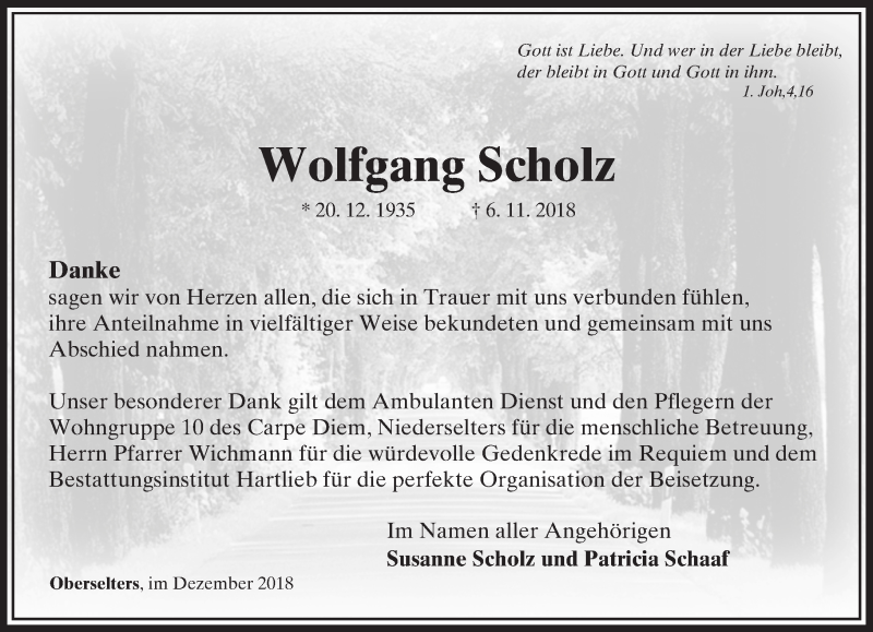 Traueranzeige für Wolfgang Scholz vom 13.12.2018 aus 582 Camberger Anzeiger