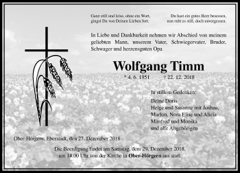 Traueranzeige von Wolfgang Timm von 560 Gießener Anzeiger
