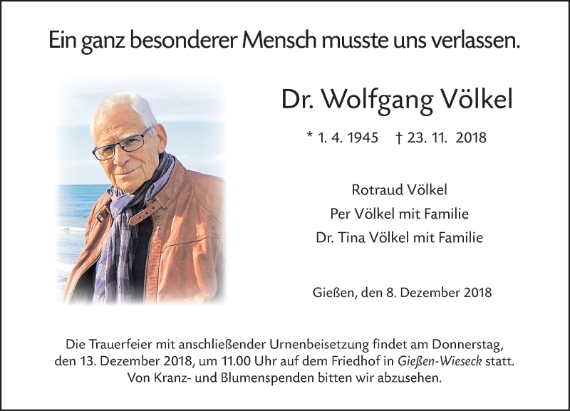  Traueranzeige für Wolfgang Völkel vom 08.12.2018 aus 560 Gießener Anzeiger