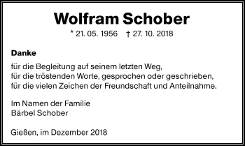 Traueranzeige von Wolfram Schober von 560 Gießener Anzeiger