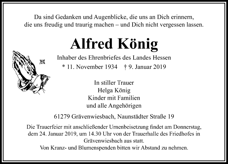  Traueranzeige für Alfred König vom 12.01.2019 aus 564 Usinger Anzeiger