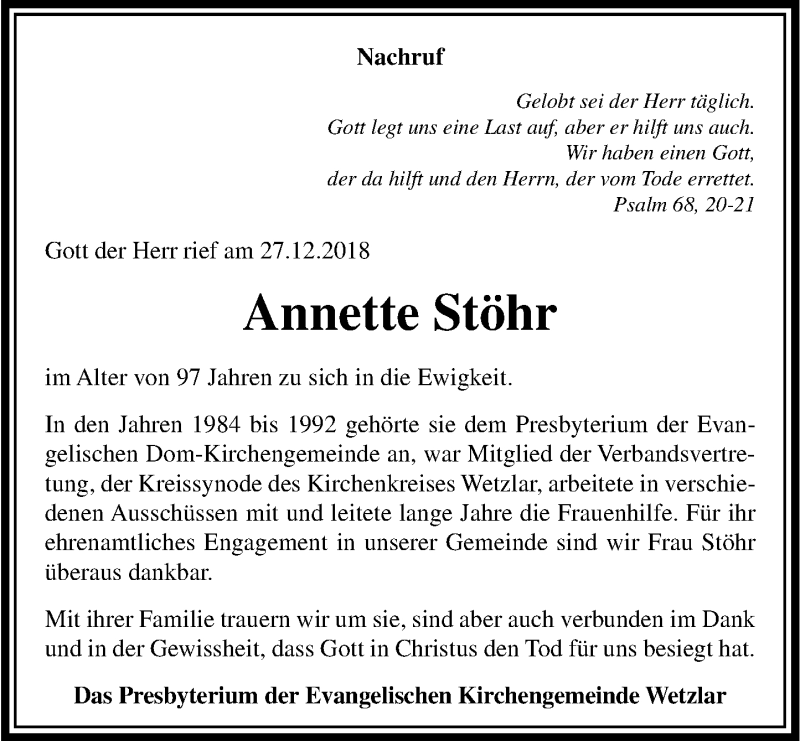  Traueranzeige für Annette Stöhr vom 10.01.2019 aus 201 WNZ - Wetzlarer Neue Zeitung (110)