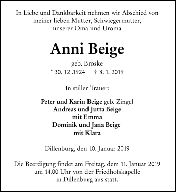 Traueranzeige von Anni Beige von 202 Dill Block (120)