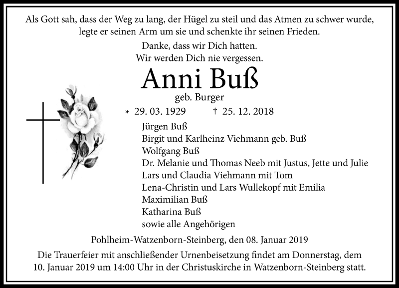  Traueranzeige für Anni Buß vom 08.01.2019 aus 560 Gießener Anzeiger
