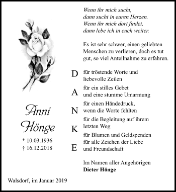 Traueranzeige von Anni Hönge von 582 Camberger Anzeiger
