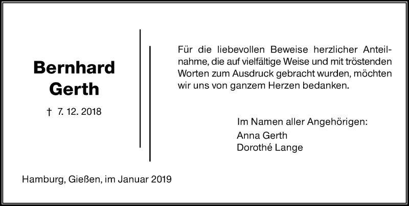  Traueranzeige für Bernhard Gerth vom 05.01.2019 aus 560 Gießener Anzeiger