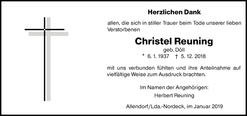  Traueranzeige für Christel Reuning vom 05.01.2019 aus 560 Gießener Anzeiger