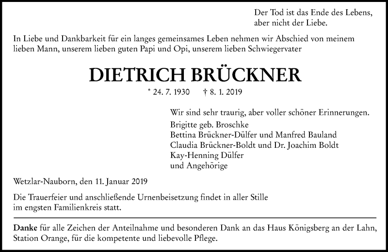  Traueranzeige für Dietrich Brückner vom 11.01.2019 aus 201 WNZ - Wetzlarer Neue Zeitung (110)