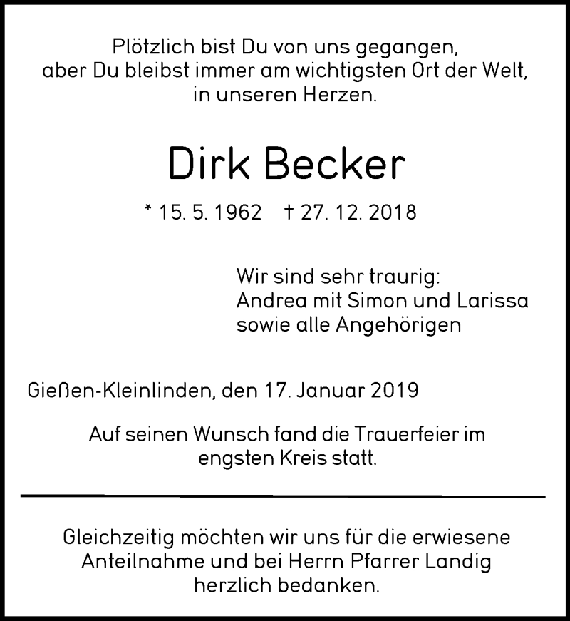  Traueranzeige für Dirk Becker vom 17.01.2019 aus 560 Gießener Anzeiger