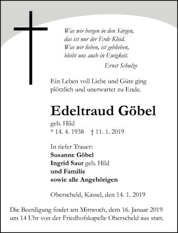 Traueranzeige von Edeltraud Göbel von 202 Dill Block (120)