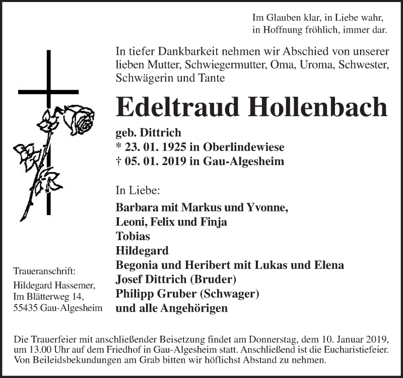  Traueranzeige für Edeltraud Hollenbach vom 08.01.2019 aus vrm-trauer