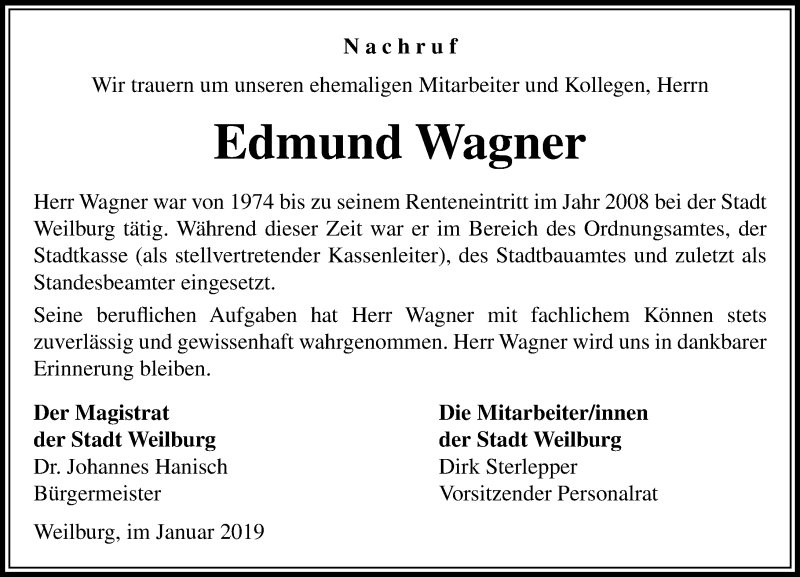  Traueranzeige für Edmund Wagner vom 07.01.2019 aus 206 WT - Weilburger Tageblatt (140)