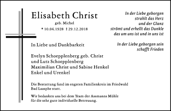 Traueranzeige von Elisabeth Christ von 205 HA - Hinterländer Anzeiger (130)