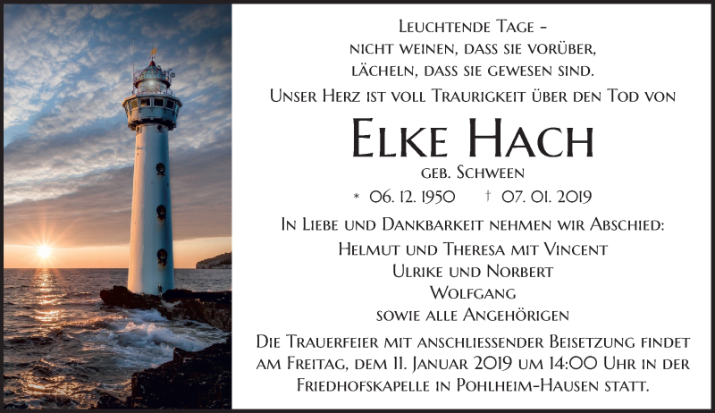  Traueranzeige für Elke Hach vom 10.01.2019 aus 560 Gießener Anzeiger