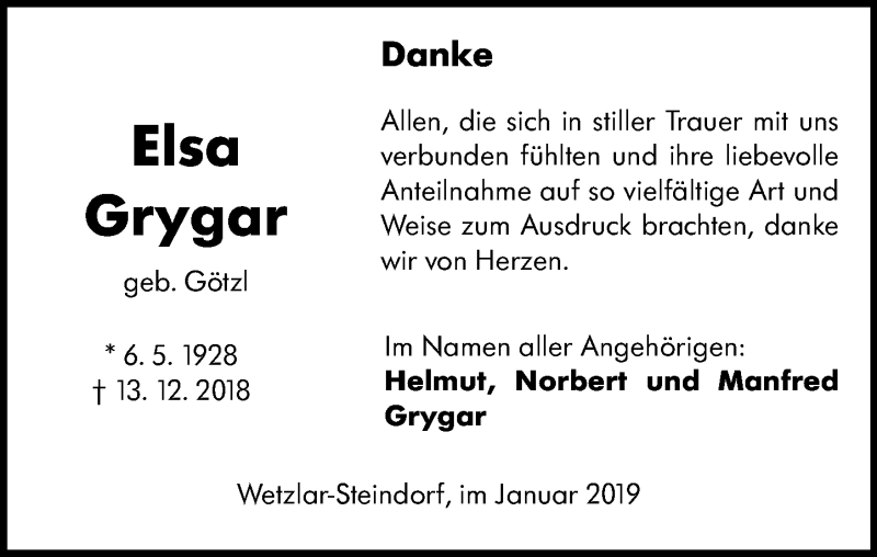  Traueranzeige für Elsa Grygar vom 12.01.2019 aus 201 WNZ - Wetzlarer Neue Zeitung (110)