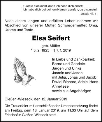 Traueranzeige von Elsa Seifert von 560 Gießener Anzeiger
