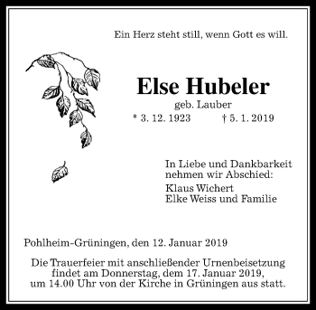 Traueranzeige von Else Hubeler von 560 Gießener Anzeiger
