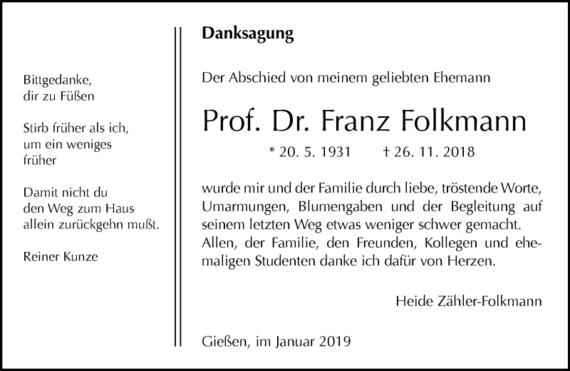  Traueranzeige für Franz Folkmann vom 12.01.2019 aus 560 Gießener Anzeiger