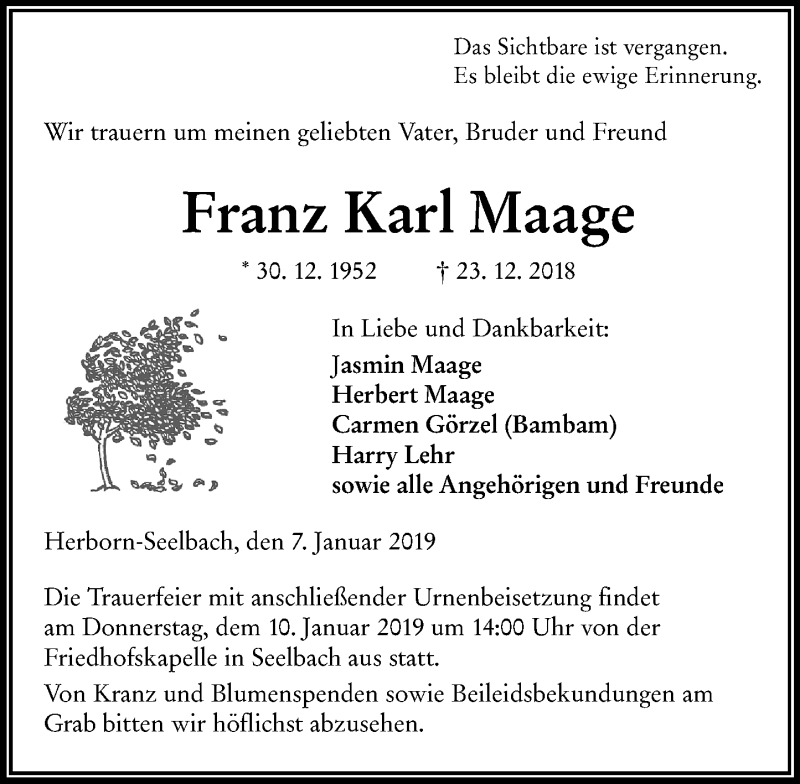  Traueranzeige für Franz Karl Maage vom 07.01.2019 aus 202 Dill Block (120)