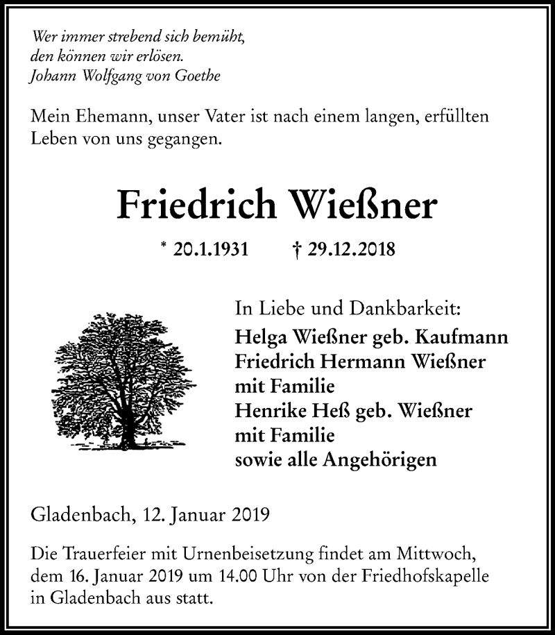  Traueranzeige für Friedrich Wießner vom 12.01.2019 aus 205 HA - Hinterländer Anzeiger (130)
