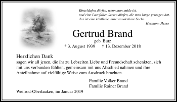 Traueranzeige von Gertrud Brand von 564 Usinger Anzeiger