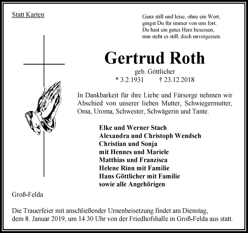  Traueranzeige für Gertrud Roth vom 05.01.2019 aus VRM Trauer