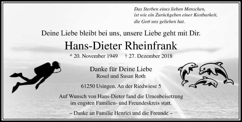  Traueranzeige für Hans-Dieter Rheinfrank vom 16.01.2019 aus 564 Usinger Anzeiger