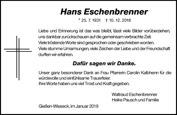 Traueranzeige von Hans Eschenbrenner von 560 Gießener Anzeiger