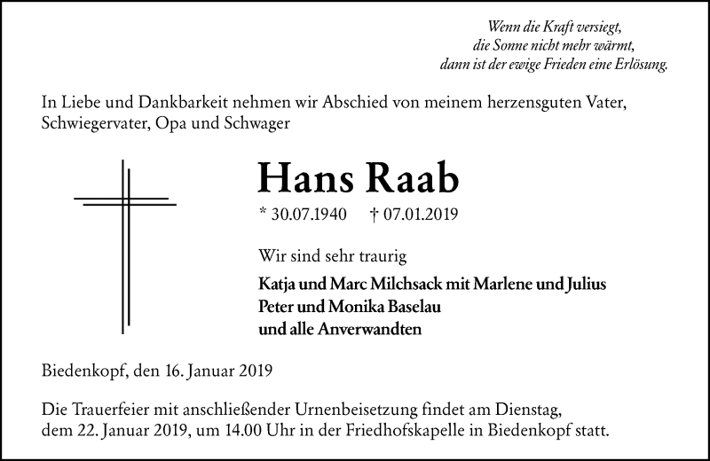  Traueranzeige für Hans Raab vom 16.01.2019 aus 205 HA - Hinterländer Anzeiger (130)