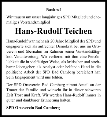 Traueranzeige von Hans-Rudolf Teichen von 582 Camberger Anzeiger