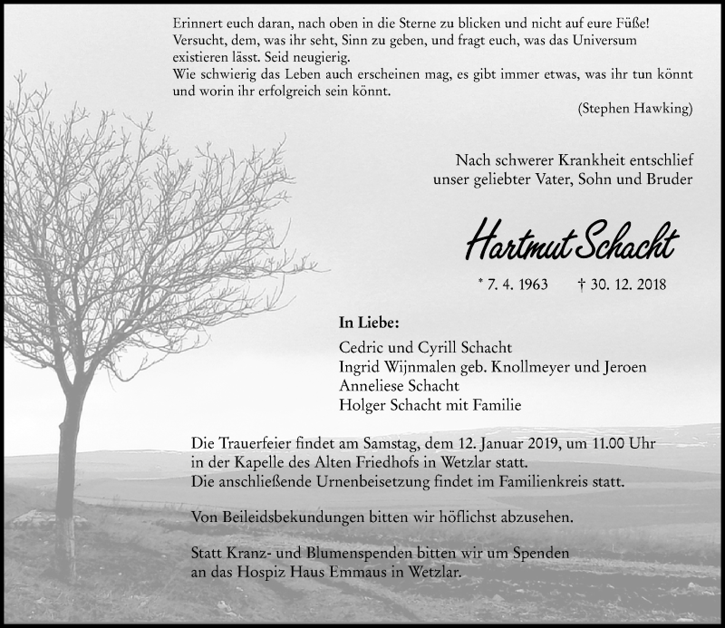  Traueranzeige für Hartmut Schacht vom 05.01.2019 aus 560 Gießener Anzeiger
