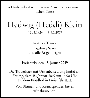 Traueranzeige von Hedwig Klein von 206 WT - Weilburger Tageblatt (140)