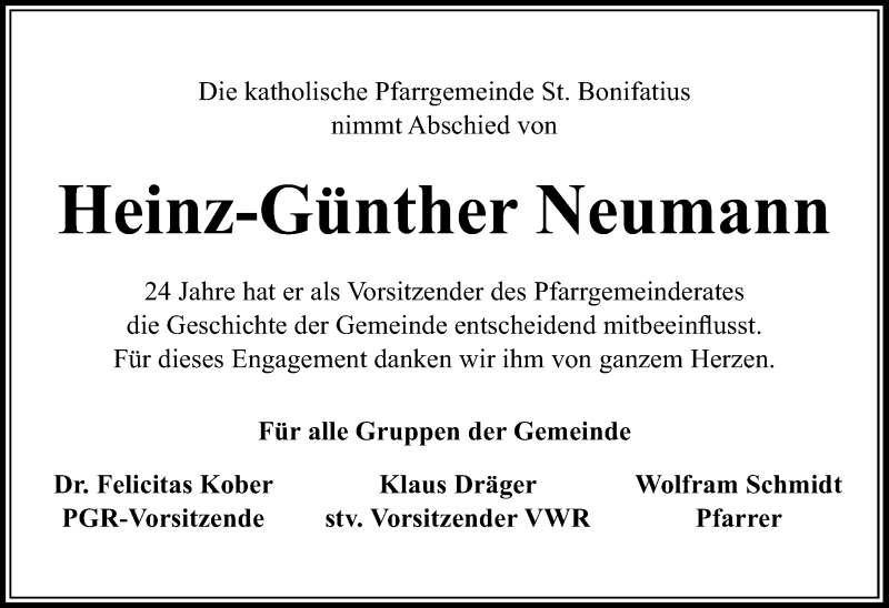  Traueranzeige für Heinz-Günther Neumann vom 04.01.2019 aus 561 Kreisanzeiger