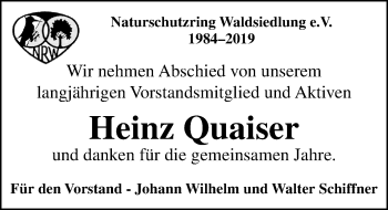 Traueranzeige von Heinz Quaiser von 561 Kreisanzeiger
