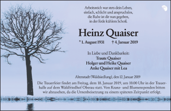 Traueranzeige von Heinz Quaiser von 561 Kreisanzeiger