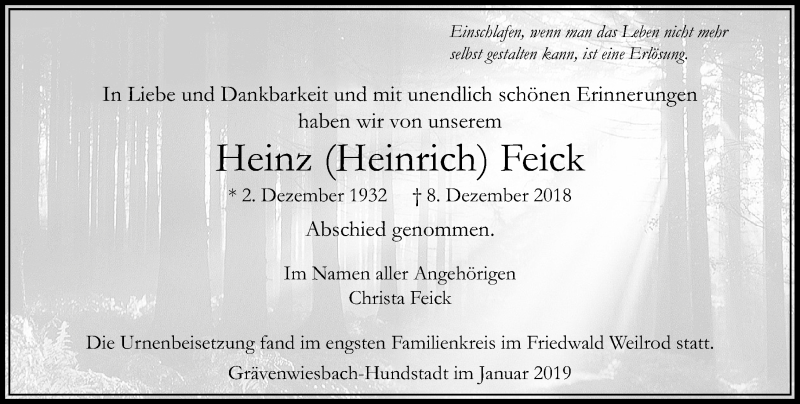  Traueranzeige für Heinz Heinrich Feick vom 05.01.2019 aus 564 Usinger Anzeiger