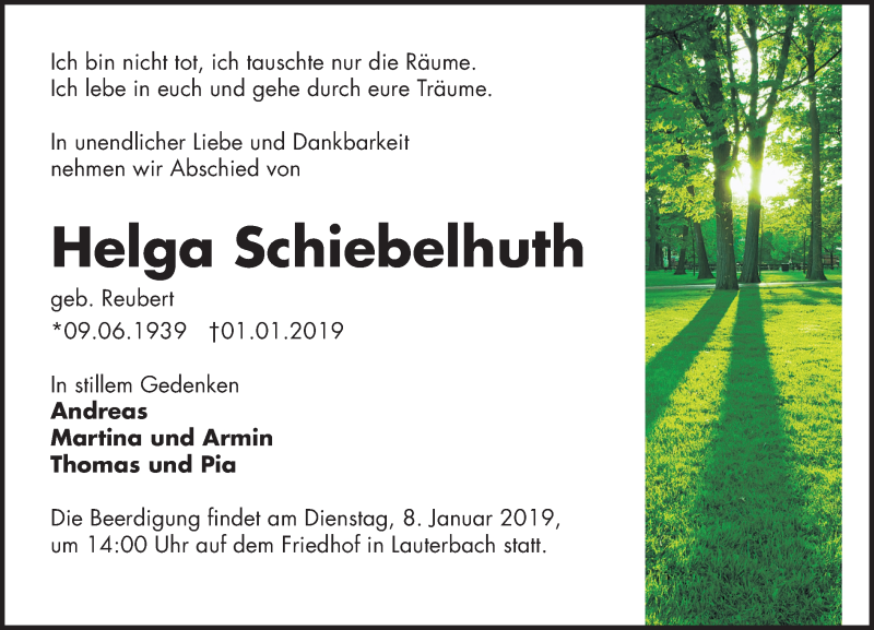  Traueranzeige für Helga Schiebelhuth vom 05.01.2019 aus VRM Trauer