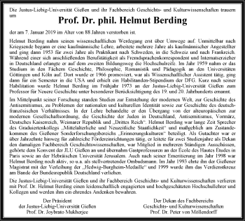 Traueranzeige von Helmut Berding von 560 Gießener Anzeiger