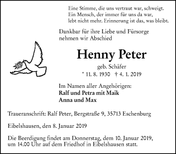 Traueranzeige von Henny Peter von 202 Dill Block (120)