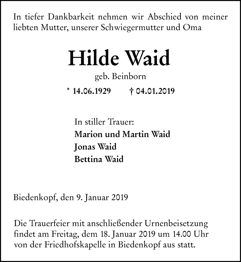  Traueranzeige für Hilde Waid vom 09.01.2019 aus 205 HA - Hinterländer Anzeiger (130)